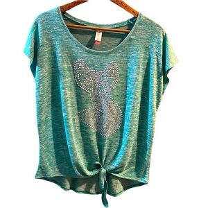 No boundaries knot tie short sleeve top green fox print juniors XL